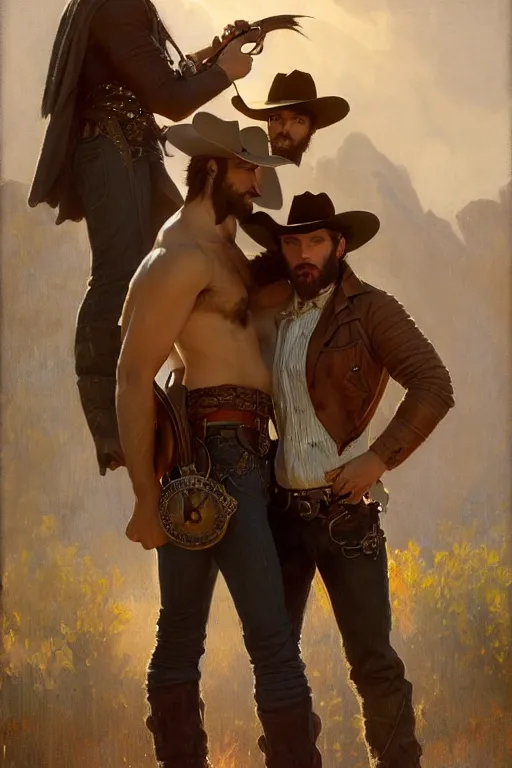 Prompt: a symmetrical painting by clyde aspevig, greg rutkowski, gaston bussiere, j. c. leyendecker of attractive hairy gunslinger and handsome cowboy, they are in love standing back to back | bandoliers, shirtless, leather clothing | homoerotic, natural lighting, path traced, highly detailed, high quality, trending on artstation