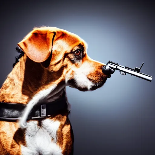 Image similar to a dog man mutant holding a pistol pointed at the viewer,depth of field,focus on the pistol,hyperdetailed,hyperrealistic,realistic,studio lighting,professional lighting,3 point lighting,dramatic,cinematic,detailed face,professional photography