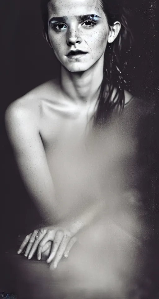 Image similar to a wet plate photograph, a portrait of a Emma Watson