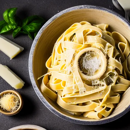 Image similar to a creamy fettuccine pasta in a parmesan wheel, food photography