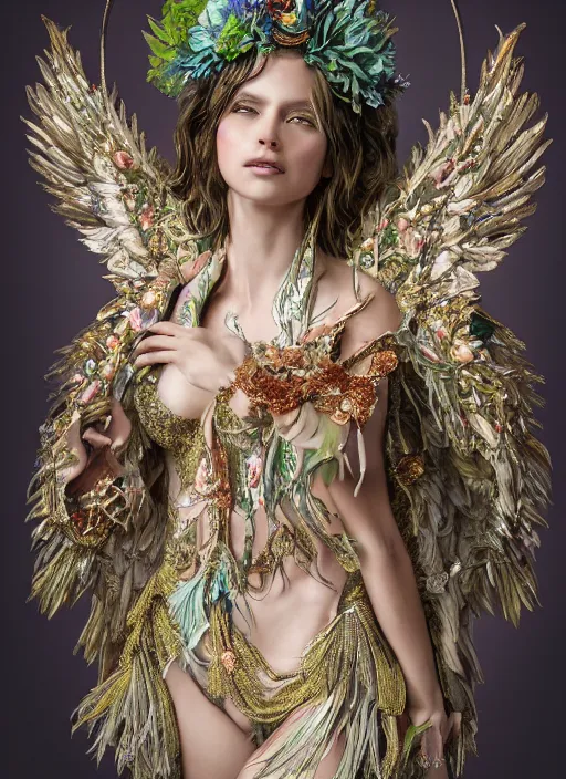 Image similar to expressive full body photo of a female model as beautiful angel, ornate headpiece made from flowers, ornaments, glamour shot, by karol bak, by stefan gesell, octane render, unreal engine, photorealistic, canon r 3, fashion photography, studio shot, realistic skin tone