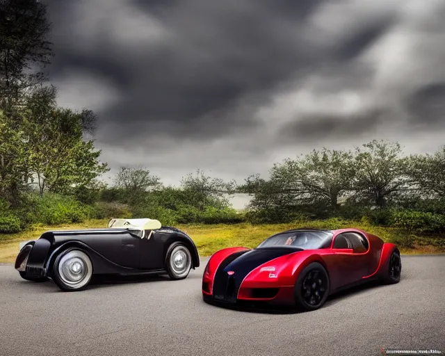 Image similar to a single bugatti type 5 7 sc atlantic and tesla roadster hybrid, dslr, cinematic, photorealistic, hyperdetailed