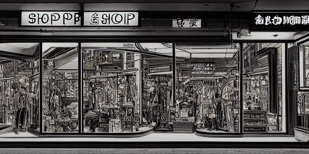 Image similar to s shop window in hong kong, by dan mumford and peter doig and edward hopper, heavy black lines, highly detailed, dramatic lighting, 8 k