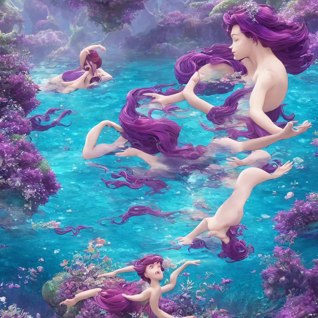 Image similar to a little mermaid in a purple dress singing in the colorful ocean, correct human body and perspective, pearls and shells, fantasy art by ferdinand knab, makoto shinkai and ilya kuvshinov, rossdraws, tom bagshaw, trending onstudio ghibli, radiant light, highly detailed, octane render, 8 k