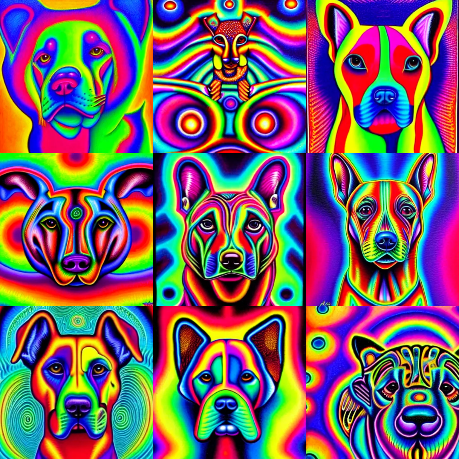 Prompt: striking, psychedelic, colorful puppy by alex grey