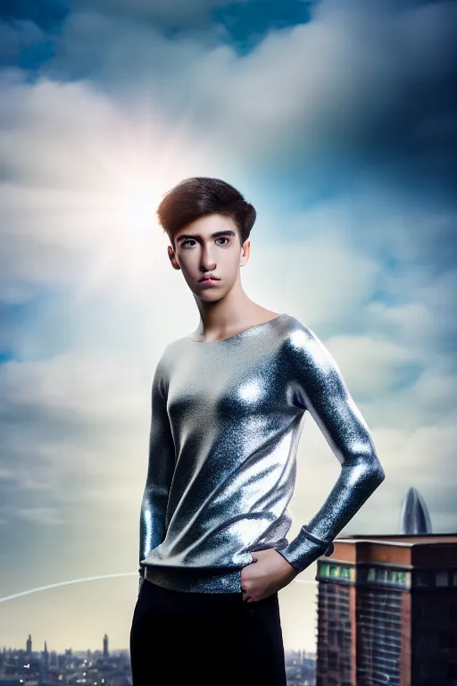 Image similar to un ultra high definition studio quality photographic art portrait of a young man standing on the rooftop of a british apartment building wearing soft padded silver pearlescent clothing. three point light. extremely detailed. golden ratio, ray tracing, volumetric light, shallow depth of field. set dressed.