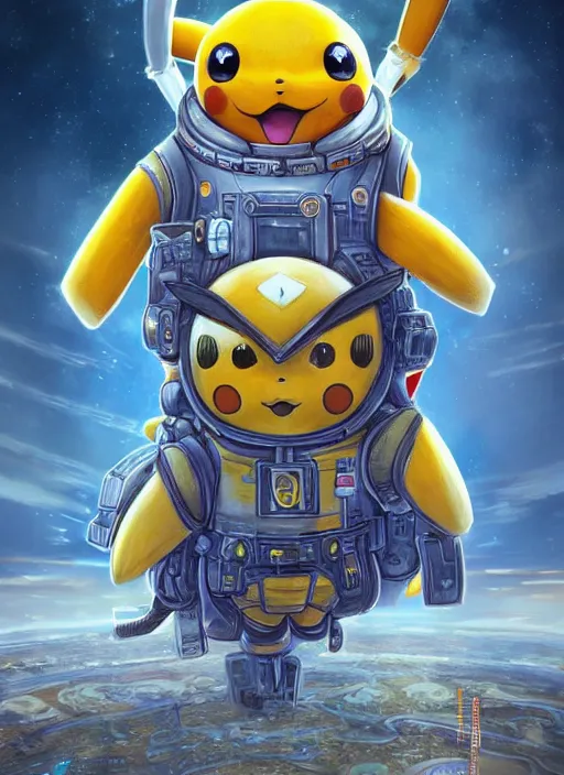 Image similar to high intricate pikachu in technical gear, on space harbor, full shot, maria panfilova, andrea savchenko, mike kime, ludovic plouffe, qi sheng luo, oliver cook, julian calle, eddie mendoza, trending on artstation