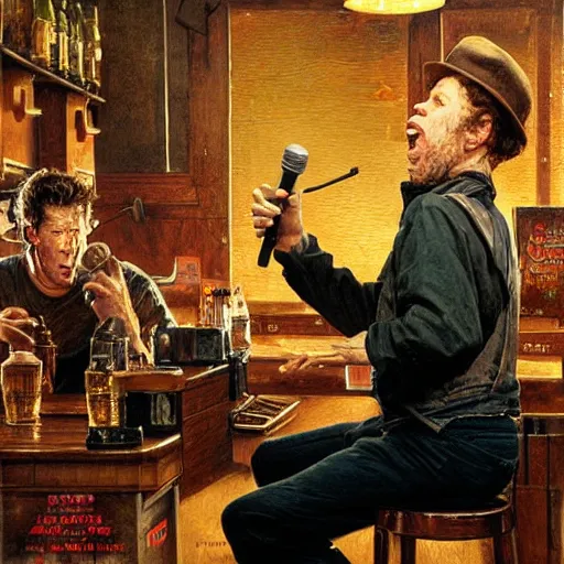 Image similar to Tom Waits singing in a pub, highly detailed, digital painting, artstation, concept art, smooth, sharp focus, illustration, art by james gurney and norman rockwell and greg rutkowski chuck close