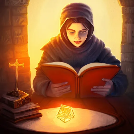 Prompt: A young wizard reading a spell book at a desk, as he reads the words runes float in the air. Magic, orange lighting, flux. High fantasy, digital painting, HD, 4k, detailed.