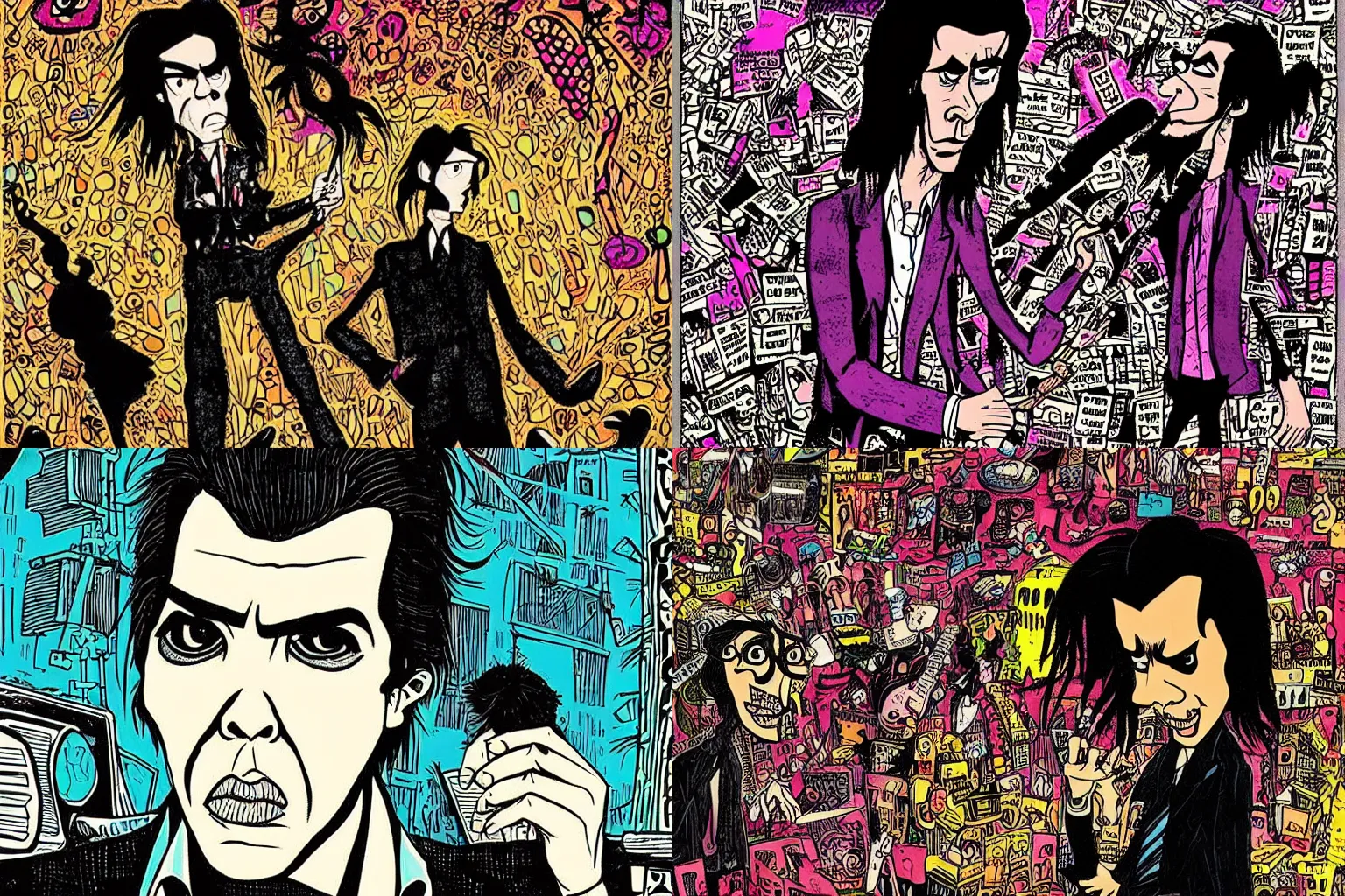 Prompt: Nick Cave and the Bad Seeds, art by Jhonen Vasquez, very detailed, colorful, award-winning,