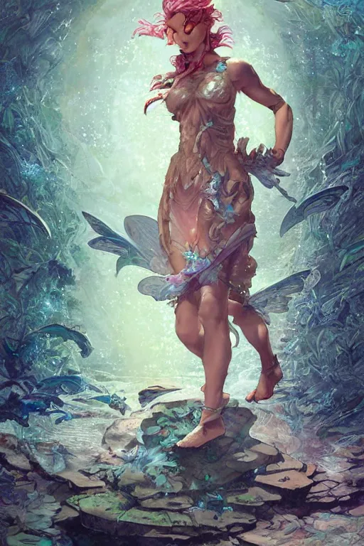 Prompt: river glitch initiator wearing sandals of the fairy by artgerm and Craig Mullins, James Jean, Andrey Ryabovichev, Mark Simonetti and Peter Morbacher 16k