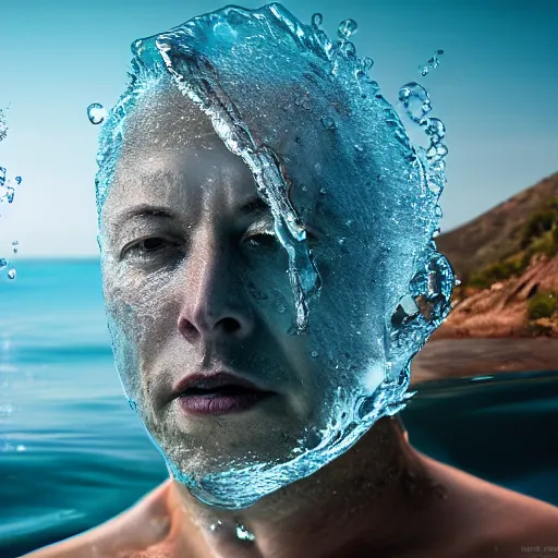 Prompt: water artwork manipulation in the shape of elon musk head, on the ocean water, ray tracing, realistic water sharp focus, long shot, 8 k resolution, cinematic, amazing water art