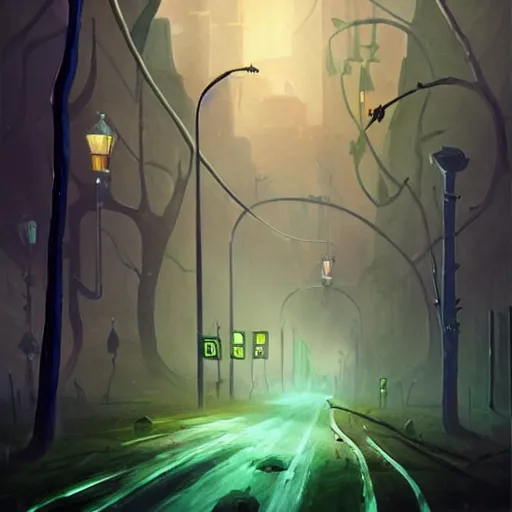 Image similar to a being of green ghostly viscous slime ooze making its way through abandoned midnight streets, skeletal ghosts, wisp lights, rhads,