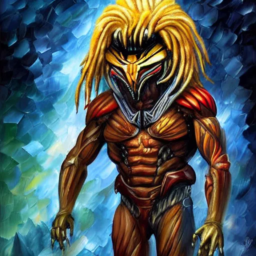 Image similar to digital painting of The Predator by Leonid Afremov, dreadlocks, alien helmet and armor