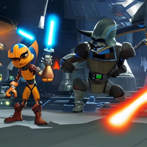 Image similar to ratchet and clank fighting darth vader