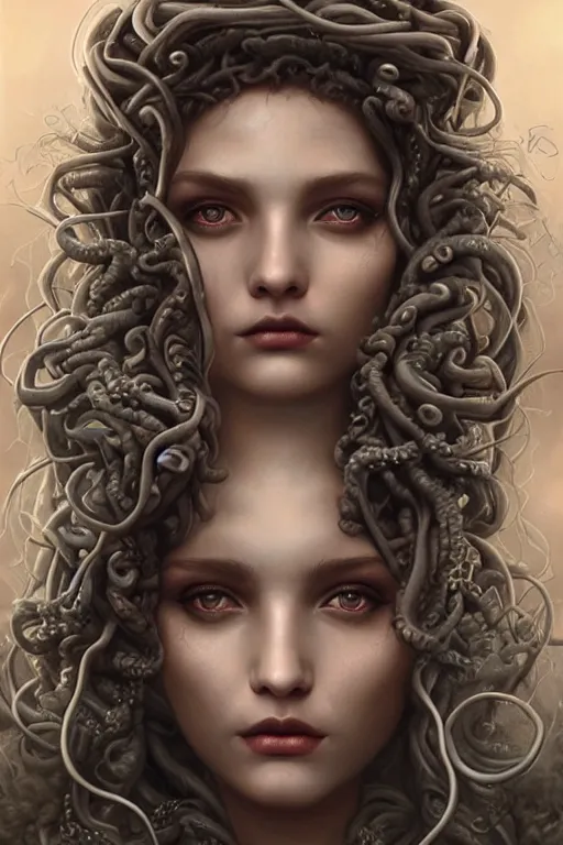 Prompt: a close - up portrait of a hauntingly beautiful medusa, painted by artgerm and tom bagshaw, highly detailed digital art