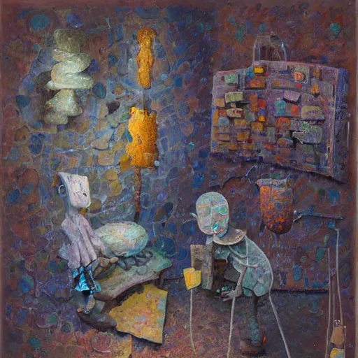 Prompt: a detailed impasto painting by shaun tan and david wiesner of an abstract forgotten sculpture by the caretaker and ivan seal