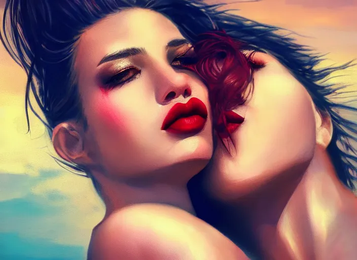 Prompt: woman love woman, sweet hugs, gold trim, atmoshperic, elegant, sharp focus, sand sea, red sun, huge lips, by 3 8 0 light & color female reference pictures, trending on artstation, intricate details