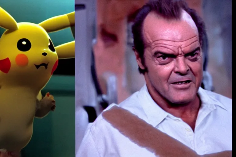 Prompt: Jack Nicholson in costume of Pikachu Terminator scene where his endoskeleton gets exposed and his eye glow red still from the film