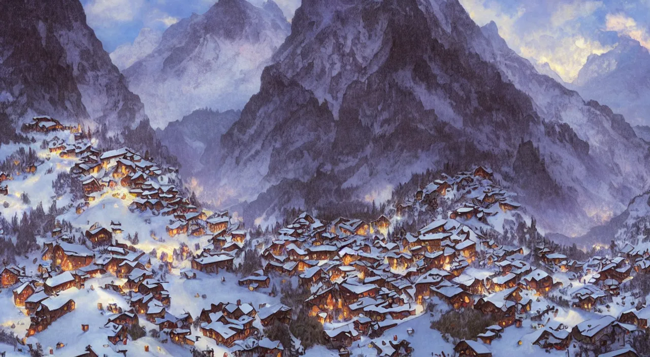 Image similar to A beautiful landscape painting of a small swiss mountain village by Alfons Maria Mucha and Julie Dillon and Makoto Shinkai