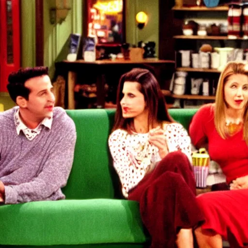Image similar to still image from friends season 3 coffee shop green couch small cosy new york, by dr. suess