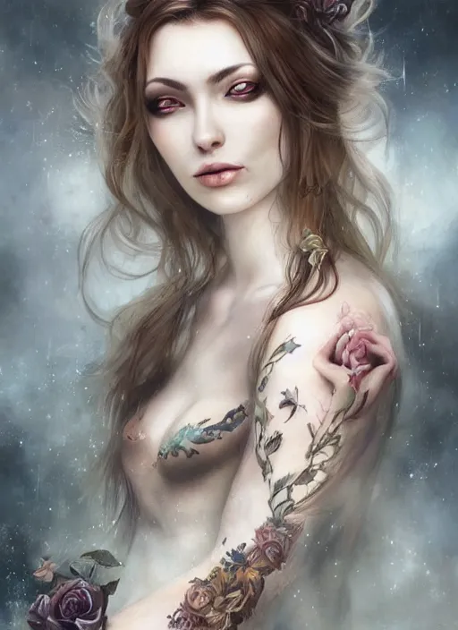 Prompt: a beautiful woman with closed eyes and tattoos, 8 k, sensual, hyperrealistic, hyperdetailed, beautiful face, long hair windy, dark fantasy, fantasy portrait by laura sava