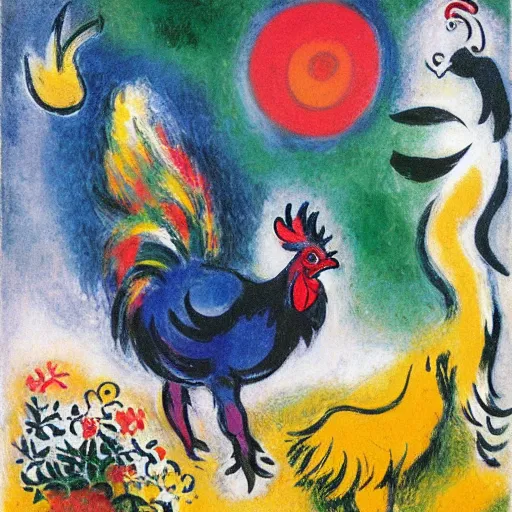 Image similar to a rooster and a goat in the style of marc chagall