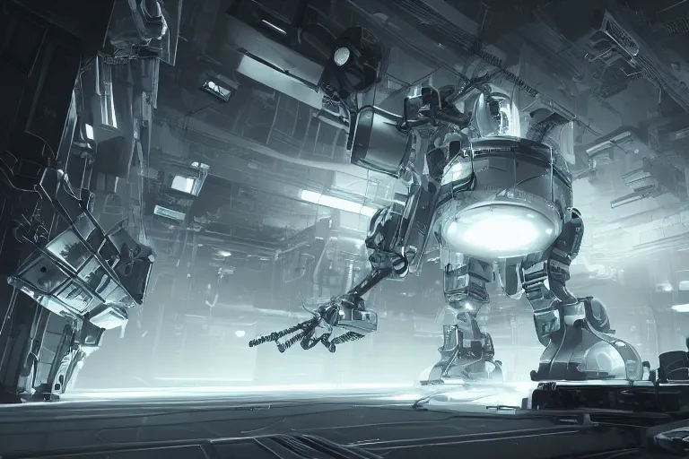 Image similar to robot parallax datacenter server room interior single mono colossus white rusty android robosaurus sitting artstation cinematic detailed concept art volumetric light sharp coherent cgsociety symmetric perfect well balanced shadows lotr servers