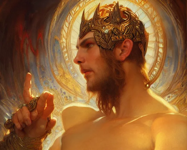 Image similar to attractive pagan male deity, summons handsome lucifer morning star. highly detailed painting by gaston bussiere, craig mullins, j. c. leyendecker 8 k