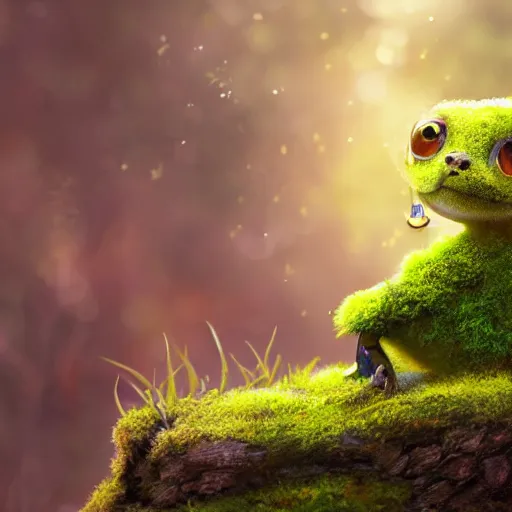 Prompt: a highly detailed painting of a tiny cute mossy forest creature by bobby chiu, big amber eyes, smiling, at sunset, macro photography, goro fujita