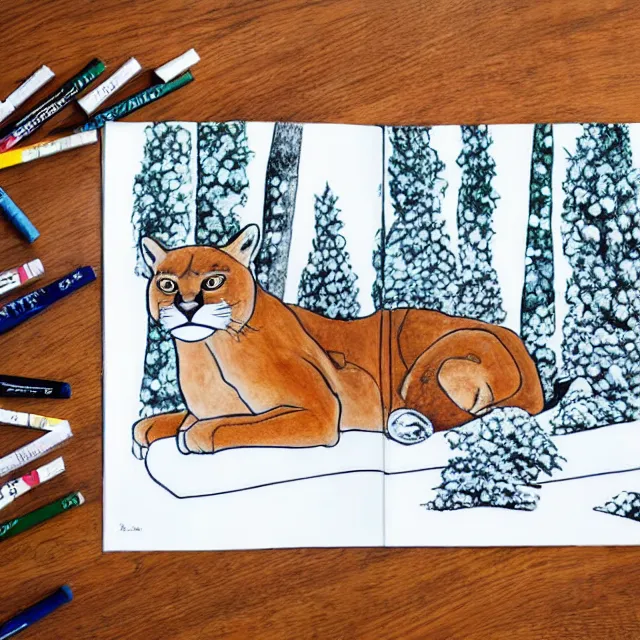 Image similar to magic marker colouring book showing 'a cougar sleeping in the middle of snowy pine tree' laying on coffee table, zoomed out shot, HD,