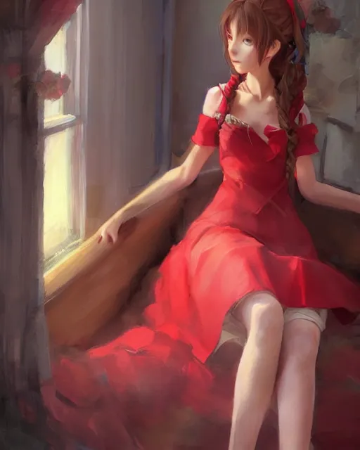 Image similar to aerith gainsborough in red cottagecore dress, portrait, illustration, rim light, top light, perfectly shaded, spring time, slight overcast lighting, soft painting, art by krenz cushart and wenjun lin