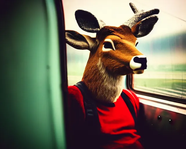 Image similar to a lomography photo of rumble between two human with deer head in soviet train this morning, bokeh,