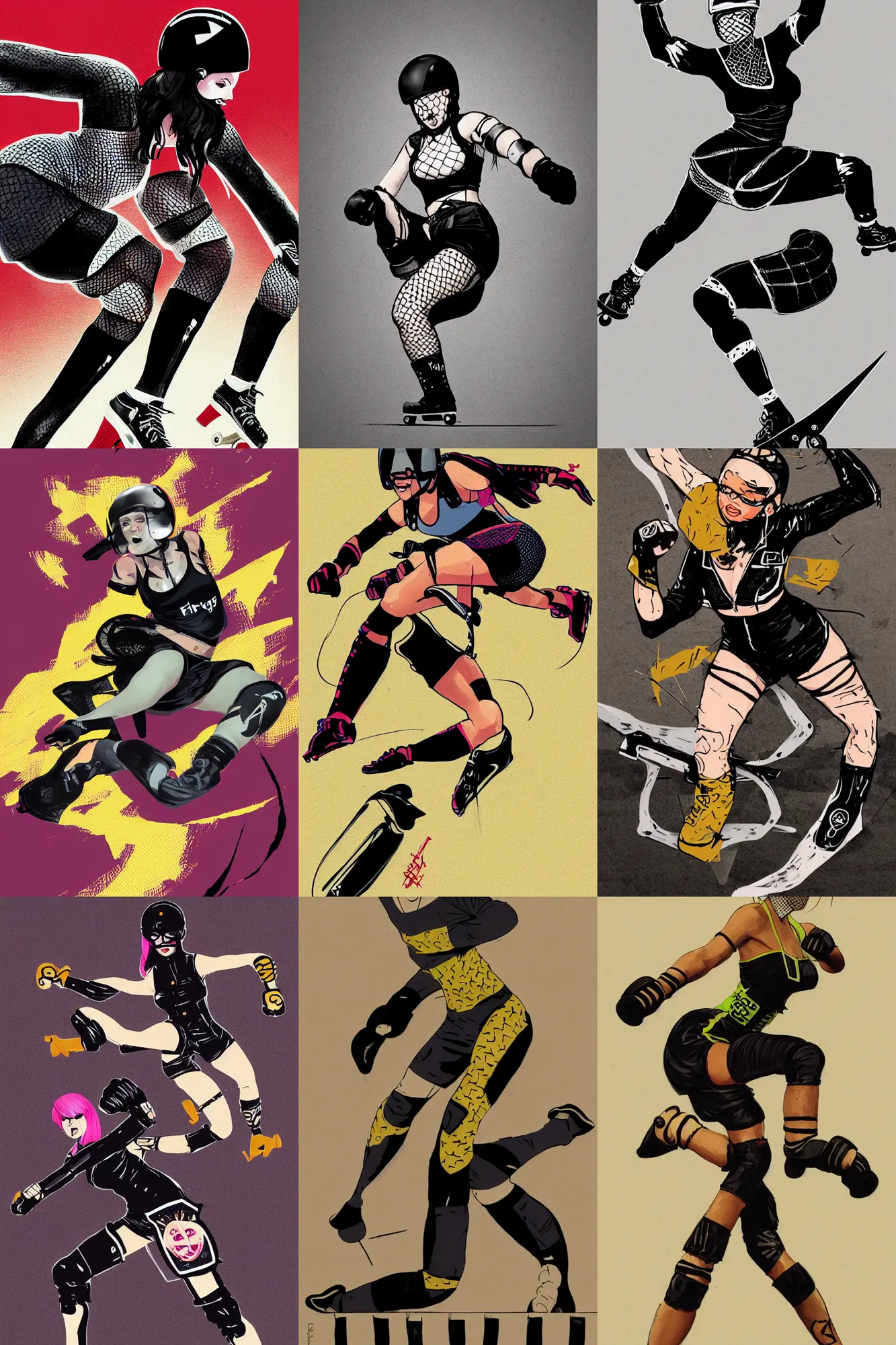 Image similar to logo design, roller derby girl sprinting Cross-Over, wearing skate helmet, knee pads, elbow pads,full length portrait, fishnet tights, torn, ripped, fists in the air, illustration by Eduardo Risso and greg rutkowski