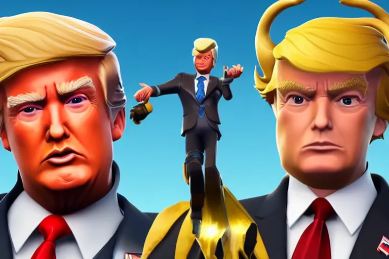 Image similar to Donald trump in Fortnite, skin selection screen, screenshot