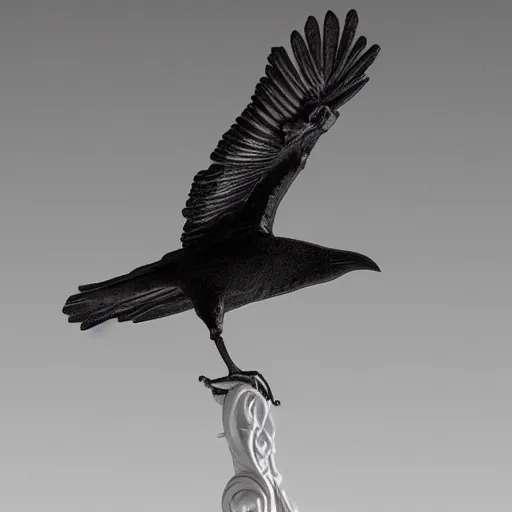 Image similar to a black and white highly detailed and realistic statue of a flying crow, museum lighting, award winning, masterpiece