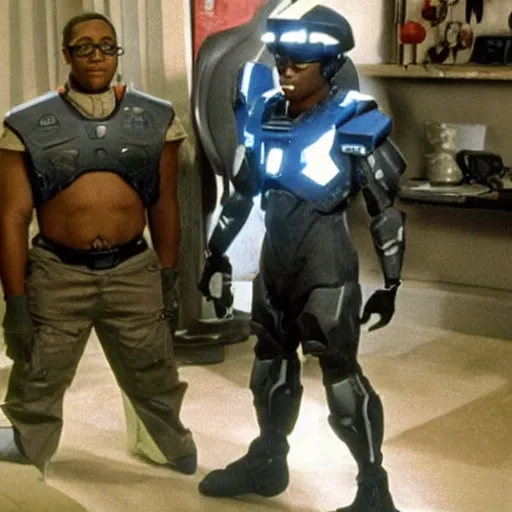 Image similar to steve urkel in intimidating futuristic halo battle armor