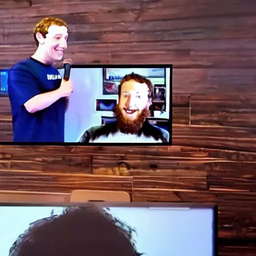 Prompt: mark zuckerberg wishing a happy bearded man happy birthday from inside the computer screen, confetti, cake, balloons
