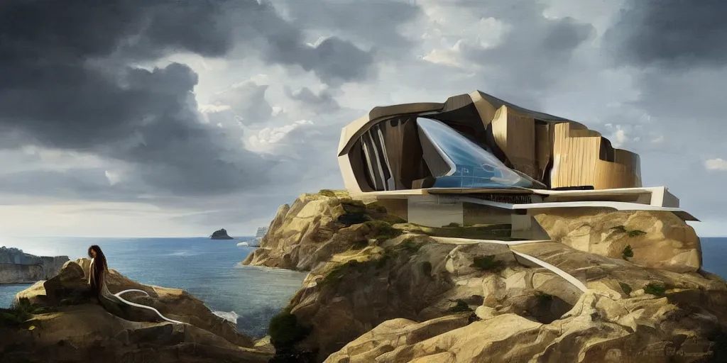 Image similar to beautiful oil matte portrait painting, modern house on top of a cliff designed by zaha hadid, wonderful masterpiece, highly detailed, beautiful cinematic light, deep focus, elegant, digital painting, smooth, sharp focus, golden ratio, dramatic illumination, ultra realistic, 8 k, art by artemisia lomi gentileschi and caravaggio