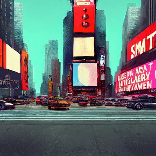 Image similar to times square in the style of simon stalenhag