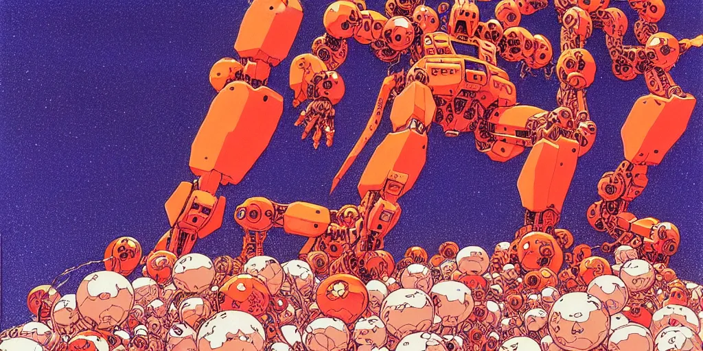 Image similar to risograph rendition of extremely - detailed white huge evangelion - like mech with a lot of orange tiny balls on it, children faces, ominous, intricate complexity, dramatic, epic composition, atmospheric, painting by moebius