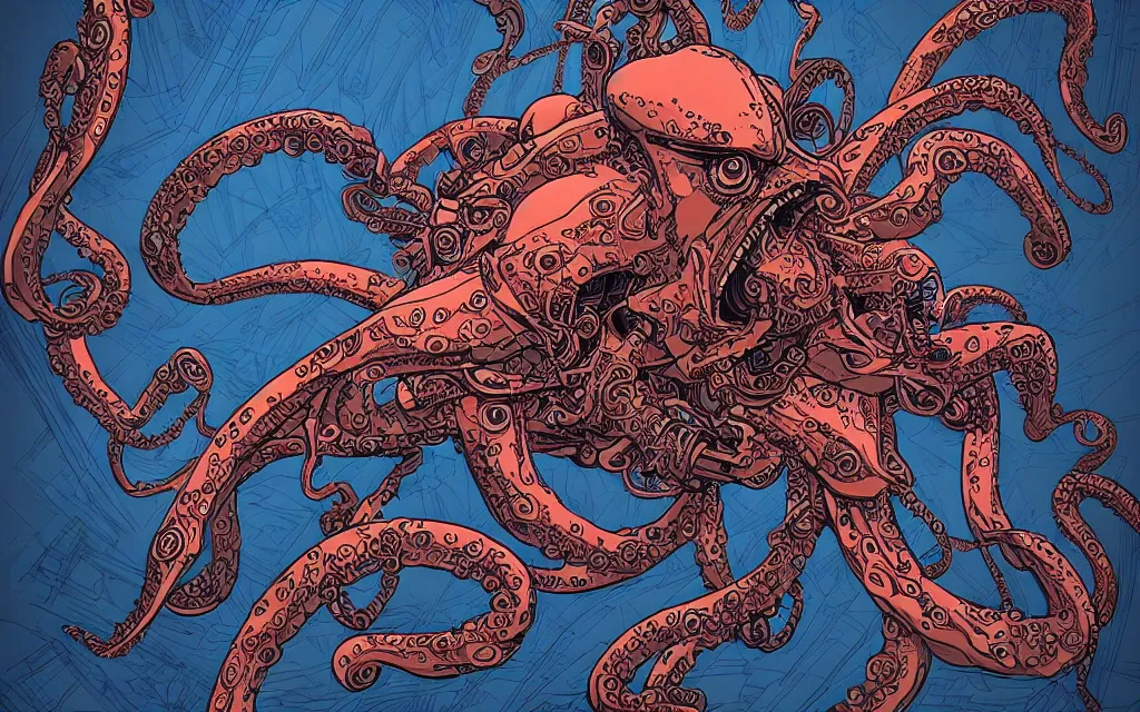 Image similar to biomechanical flying octopus, in the style of james jean and laurie greasley, dynamic composition, dramatic lighting, ultra detailed, nitro colors