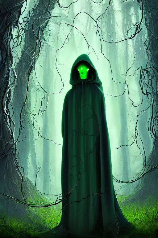 Image similar to A full body portrait of a ghost like shaman with no face, glowing eyes and a very long hooded dark green cloak of leaves and vines, forest spirits flying in the background art in the style of Pixar, ominous, cosmic horror, trending on artstation, Ultra detailed, hyper realistic 4k