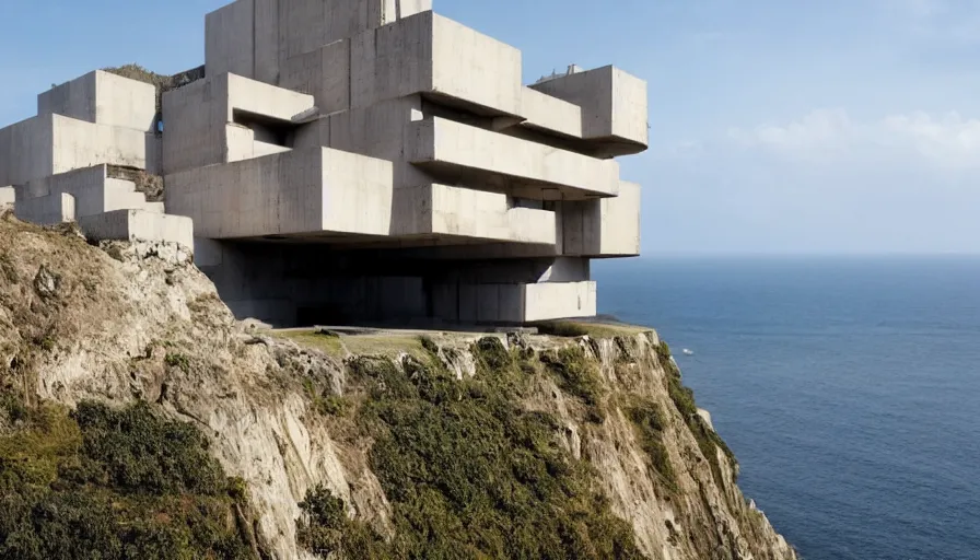 Image similar to big base brutalist perched on a cliff overlooking a magnificient bay, brutalism architecture on cliffs, drawing architecture, pritzker architecture prize, greig fraser