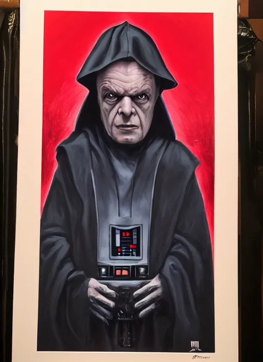 Image similar to oil painting of darth sidious, ian mcdiarmid, from star wars, symmetrical!!! star wars portrait, art by greg rutowski!!, trending on artstation