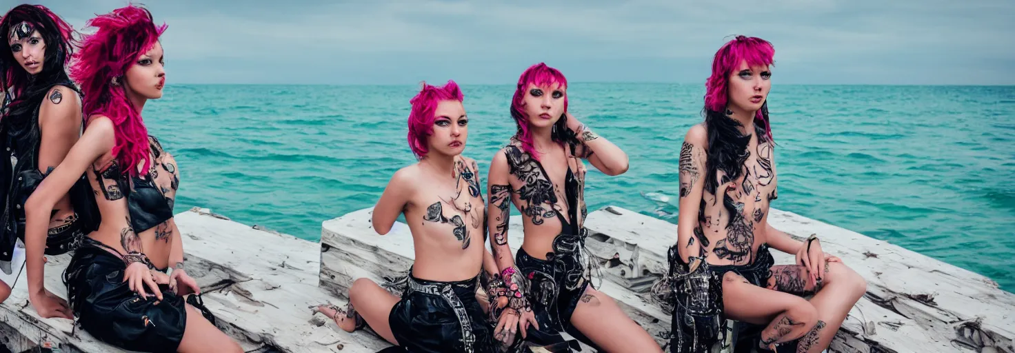 Image similar to girls on the sea, punk style, high quality, 8 k