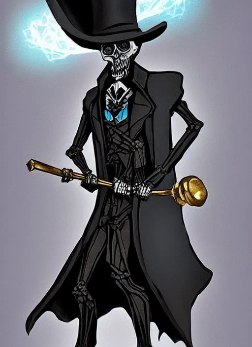 Image similar to DND character concept, skeletal male figure, wearing a deep black suit!!! and tie and top hat, holding a gold! cane!. Surrounded by light blue!!! flames!!