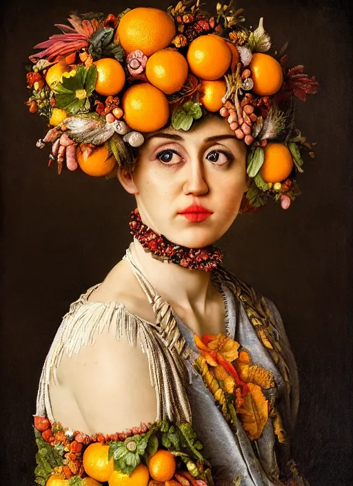 Prompt: portrait of miley citrus, by giuseppe arcimboldo and paul barson and annie leibovitz and faith yata and artgerm and alphonse mucha, photorealistic, f 1. 8, soft lightning, high detail, 8 k