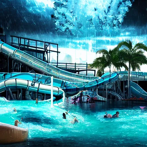 Prompt: flooded waterpark with water slides during hurricane, digital art, epic composition, highly detailed, cinematic lighting