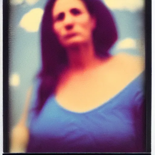 Prompt: old analog polaroid portrait of a beautiful trans woman, big clouds, heavy film grain, rich azure tones, red color bleed, depth of field, bokeh